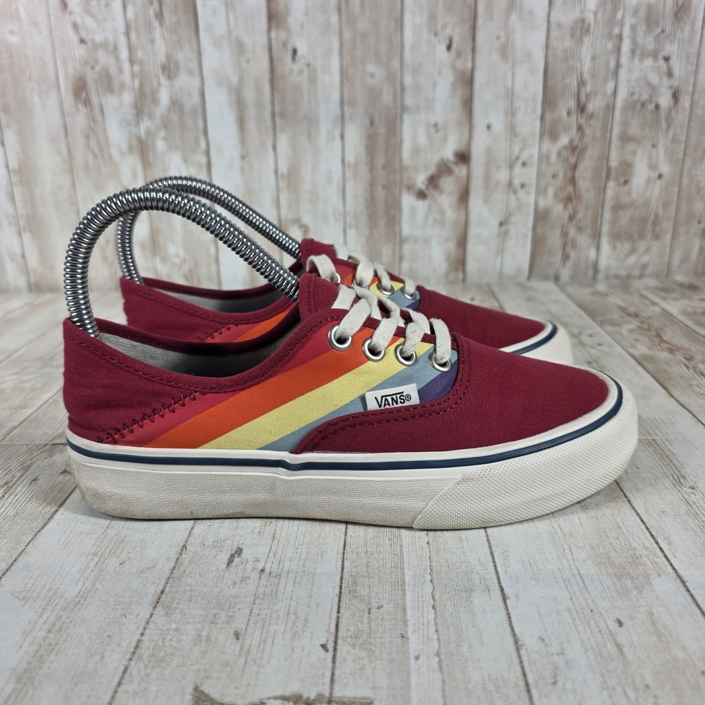 Vans Authentic Rainbow Stripe Burgundy Canvas Sneakers‎ Shoes Women US 5.5